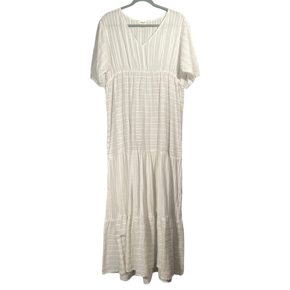 World Market Cotton Tiered Maxi Dress Sz L/XL White‎ Striped V-Neck Cottagecore